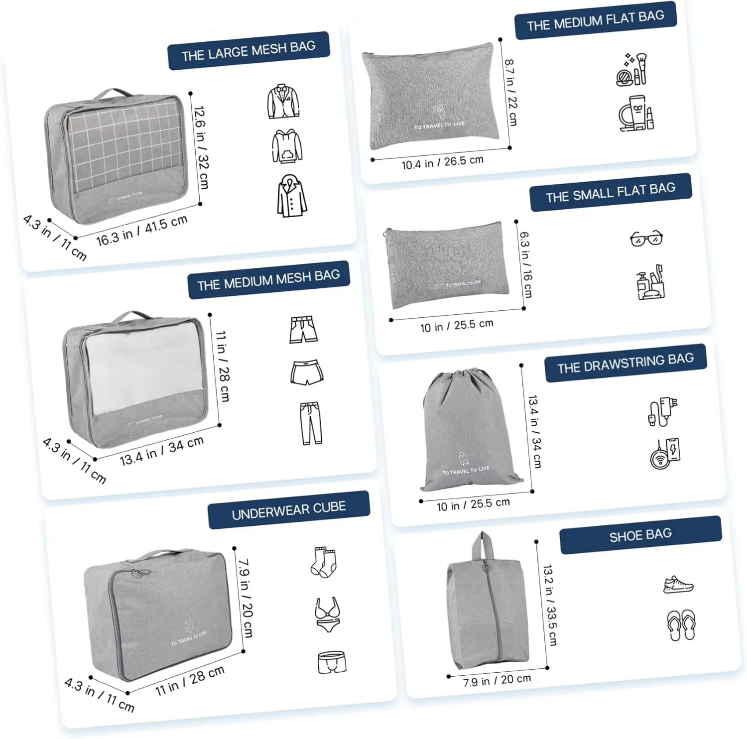 TOYANDONA 7 Pcs Luggage Storage Bag Set Travel Packing Cubes Flat Underwear Mesh Shoe Drawstring Bags for Suitcase