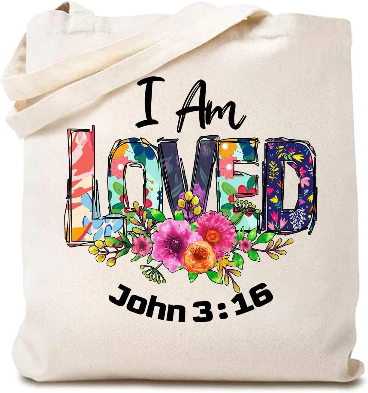 TSIIUO Women's I am Loved Tie Dye Canvas Tote Bag Funny Bible Flower Lover Christian Reusable Shopping Canvas Bag