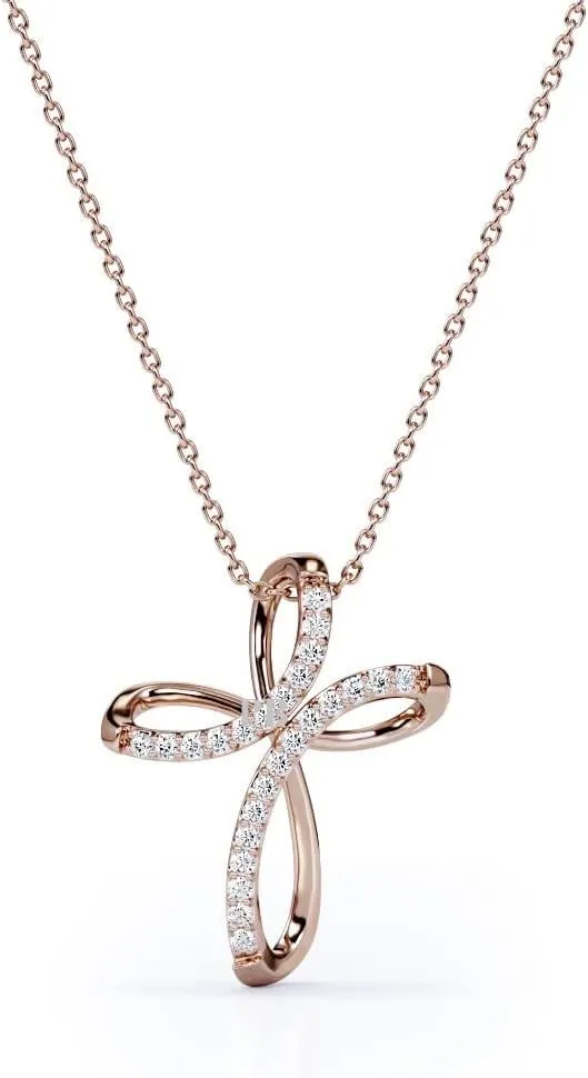 Twist Round Brilliant Cut CZ Diamond Crucifix Pendant Necklace with 18" Chain in 925 Sterling Silver
