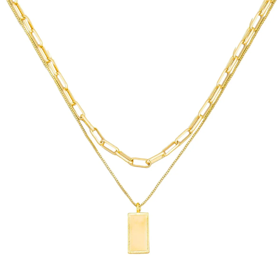 Two Layered Chain with Rectangle Squate Tag Pendant Necklace Gold Dipped Double Chain Set Paperclip Link Snake Chain Layer Set Necklace