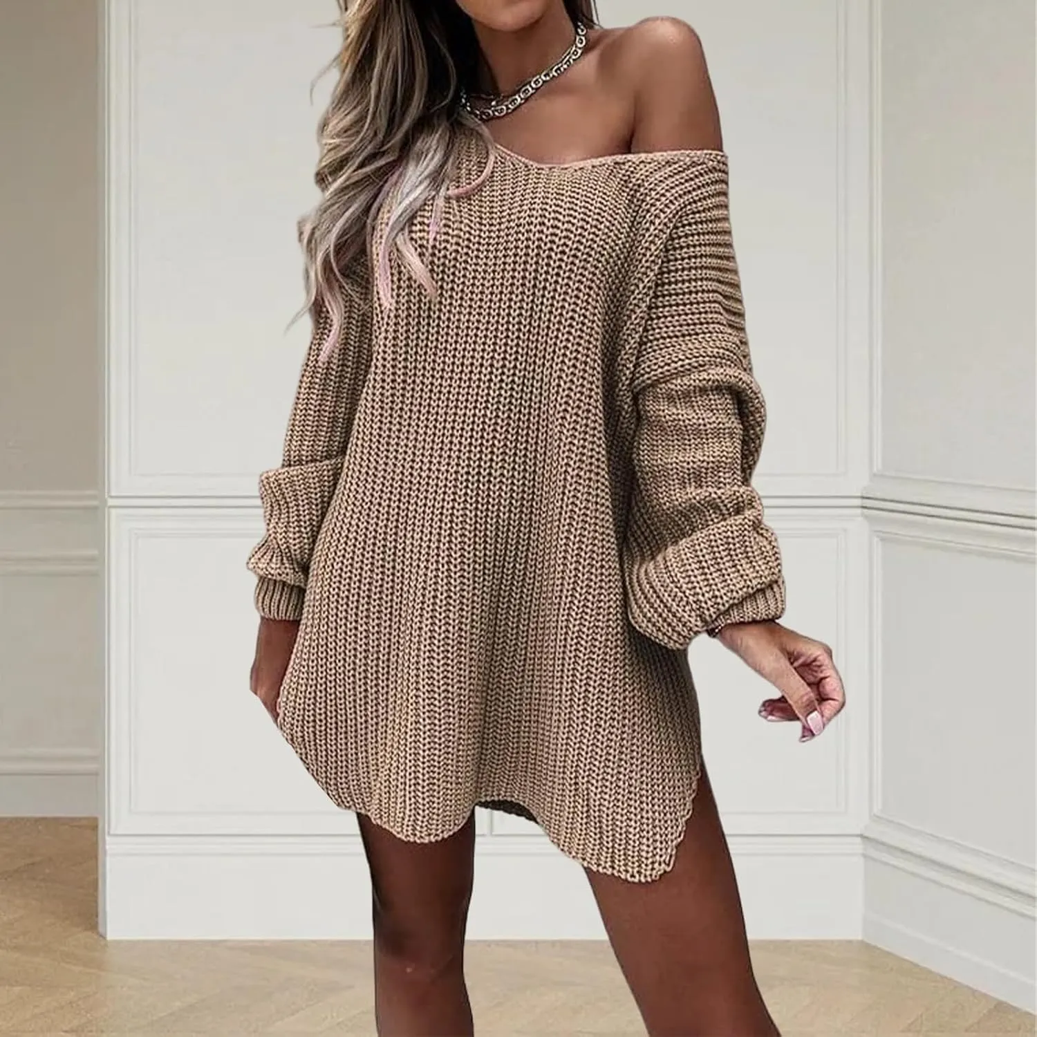 V Neck Sweaters for Women Oversized Off Shoulder Sweater Dresses Trendy Chunky Knit Long Sleeve Pullover Tops v