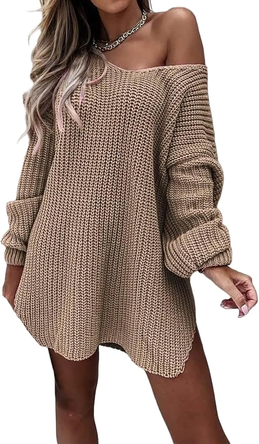 V Neck Sweaters for Women Oversized Off Shoulder Sweater Dresses Trendy Chunky Knit Long Sleeve Pullover Tops v