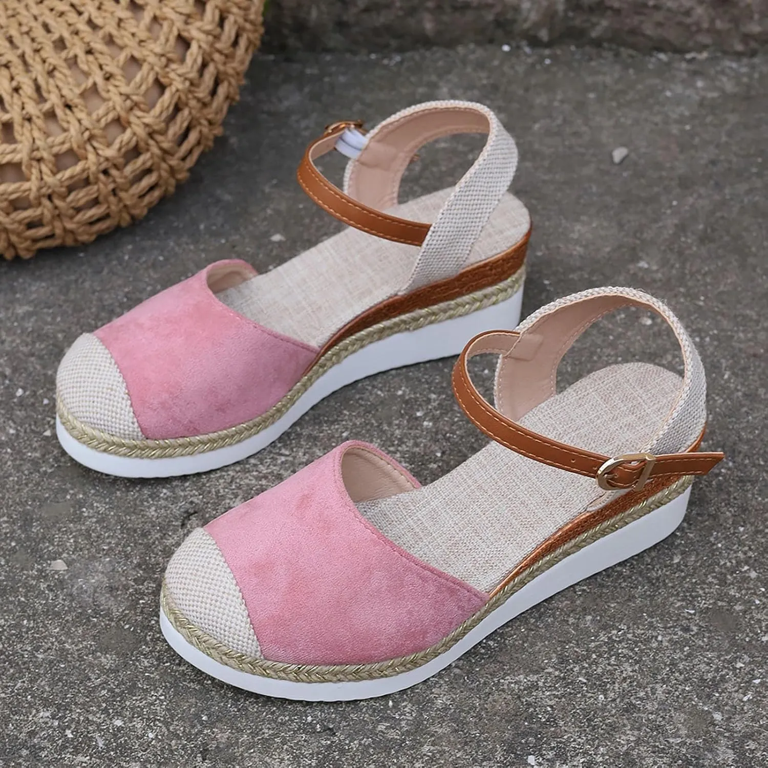Vacation Slingback Court Wedges Sandals For Women Canvas Espadrille Wedge Shoes Sandals for Women Flat with Straps