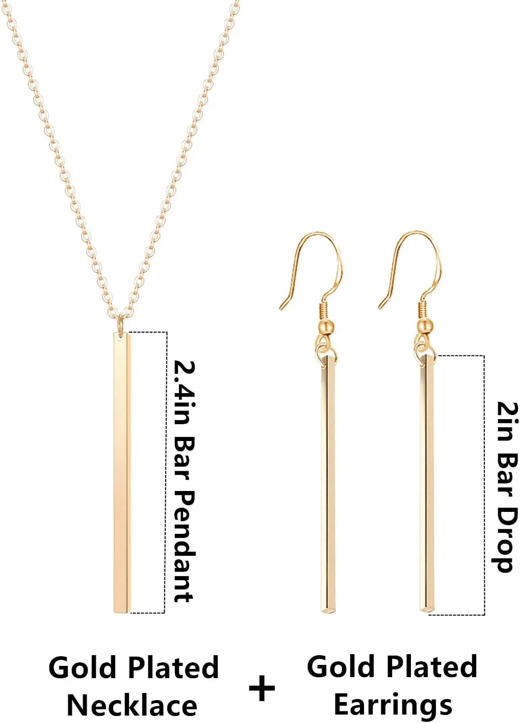 Vertical Bar Pendant Necklace Earrings - Simple Long lariat Chain Minimalist Dangle Earrings for Women 2.4" Pendant 35" Chain 2'' Drop