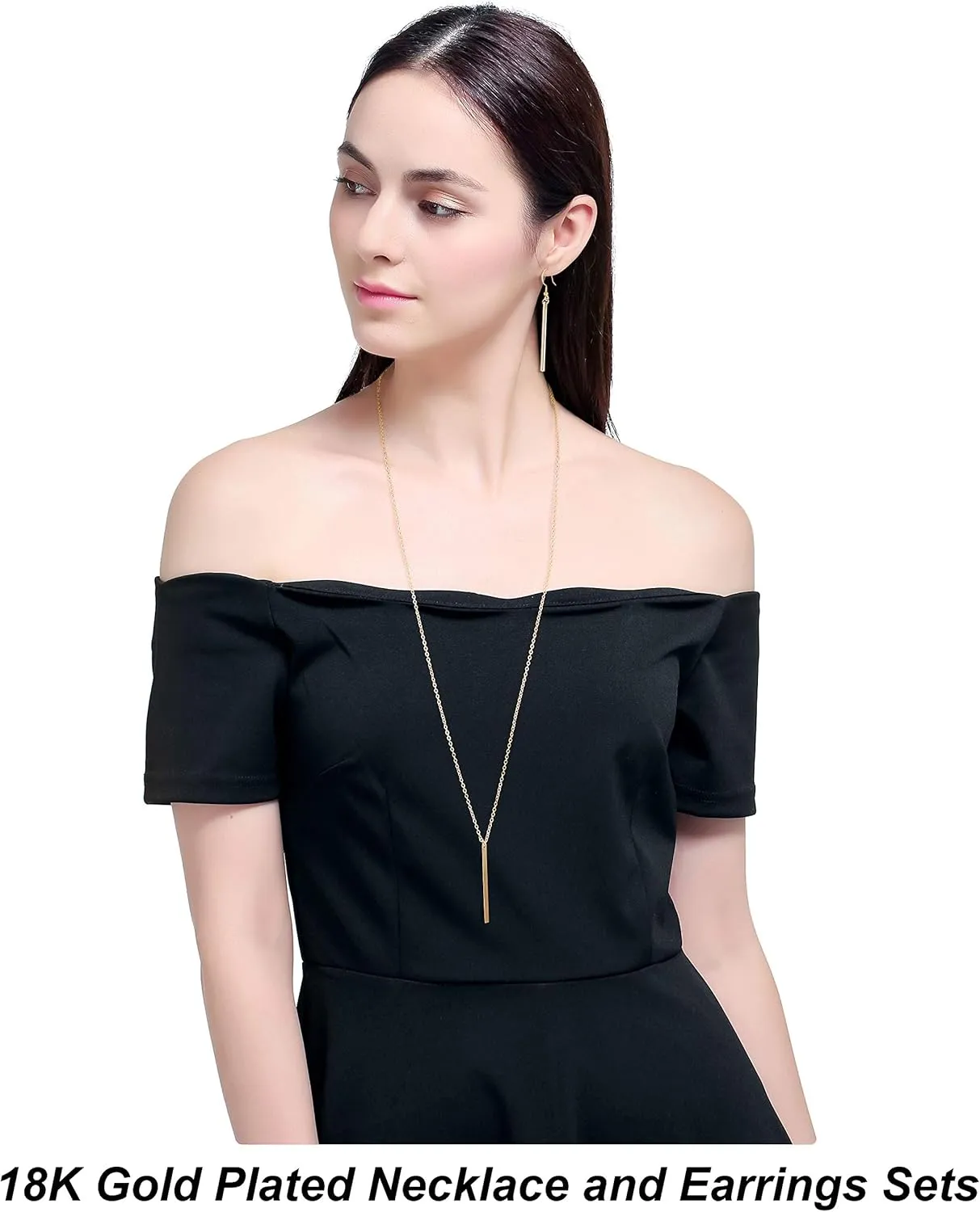 Vertical Bar Pendant Necklace Earrings - Simple Long lariat Chain Minimalist Dangle Earrings for Women 2.4" Pendant 35" Chain 2'' Drop