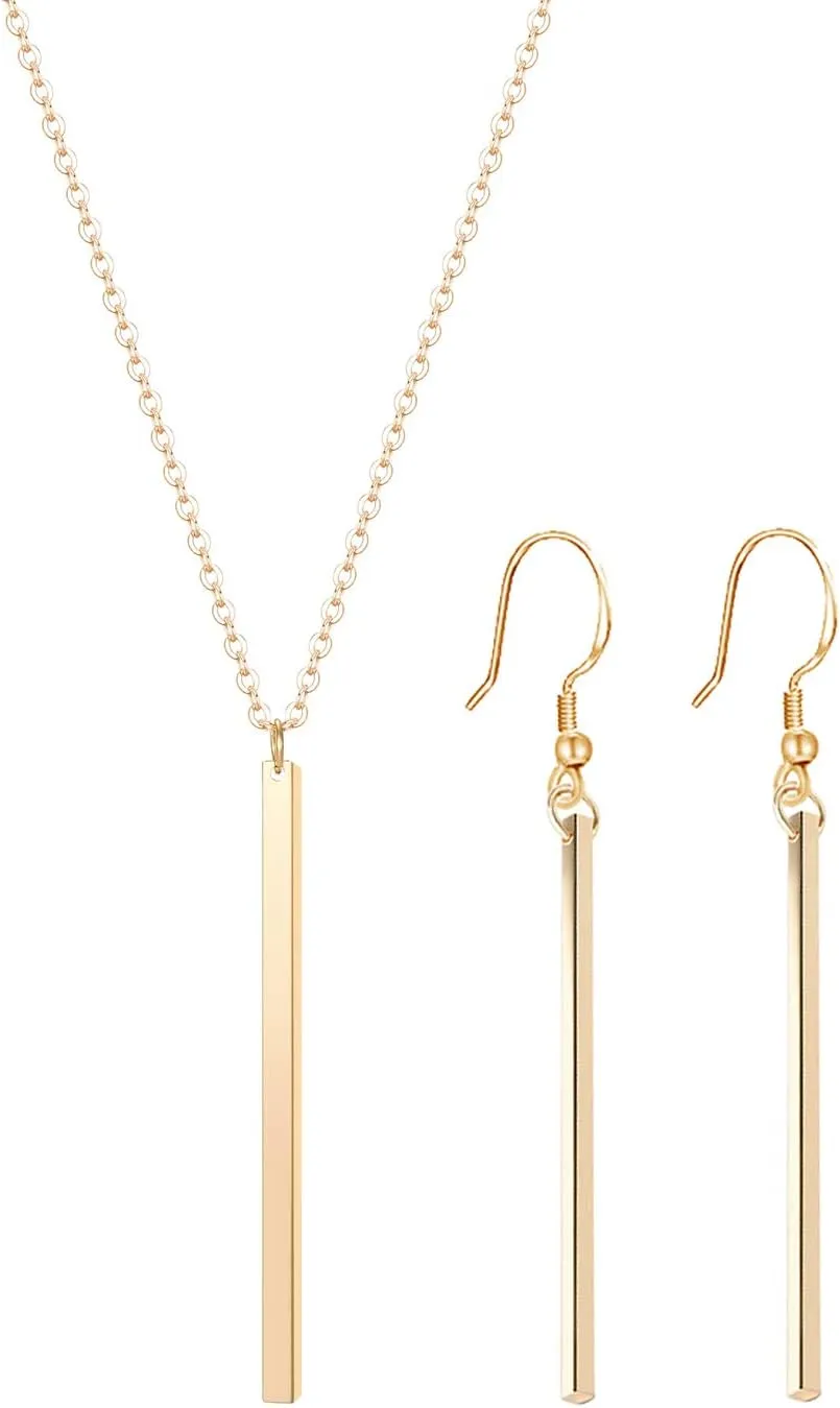 Vertical Bar Pendant Necklace Earrings - Simple Long lariat Chain Minimalist Dangle Earrings for Women 2.4" Pendant 35" Chain 2'' Drop