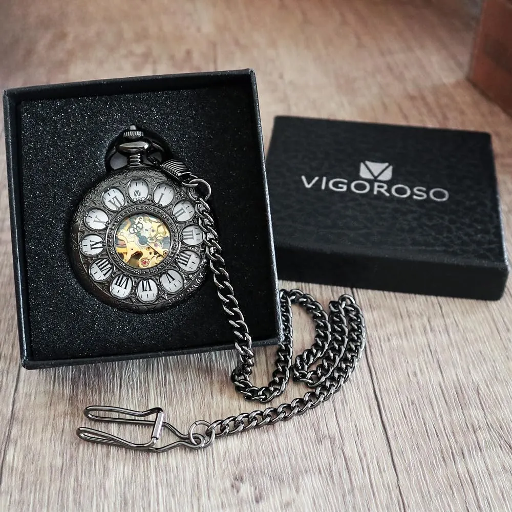 VIGOROSO Vintage Hand Wind Up Pocket Watches for Men, Mechanical Pocket Watch with Chain, Mens Skeleton Pocketwatch