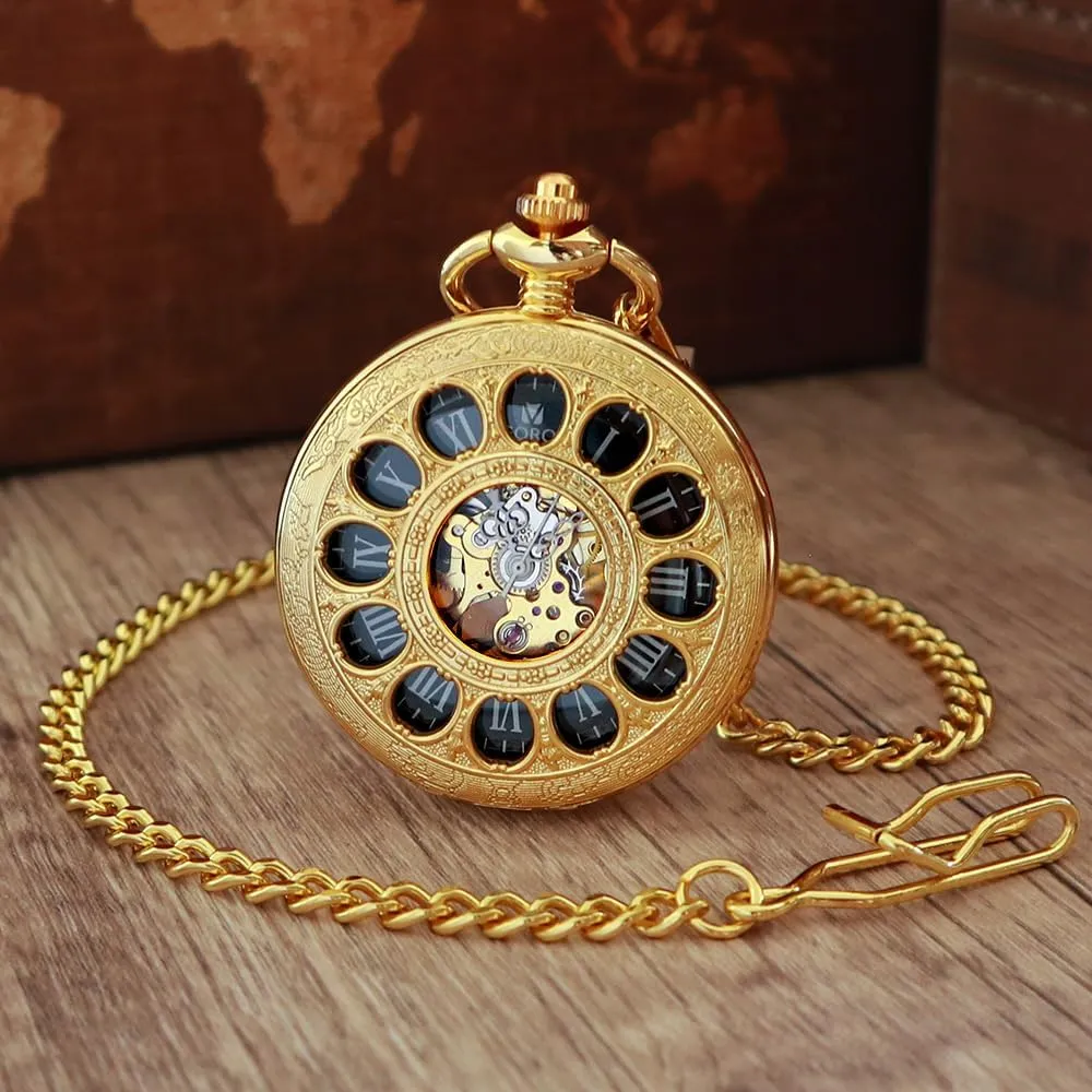 VIGOROSO Vintage Hand Wind Up Pocket Watches for Men, Mechanical Pocket Watch with Chain, Mens Skeleton Pocketwatch