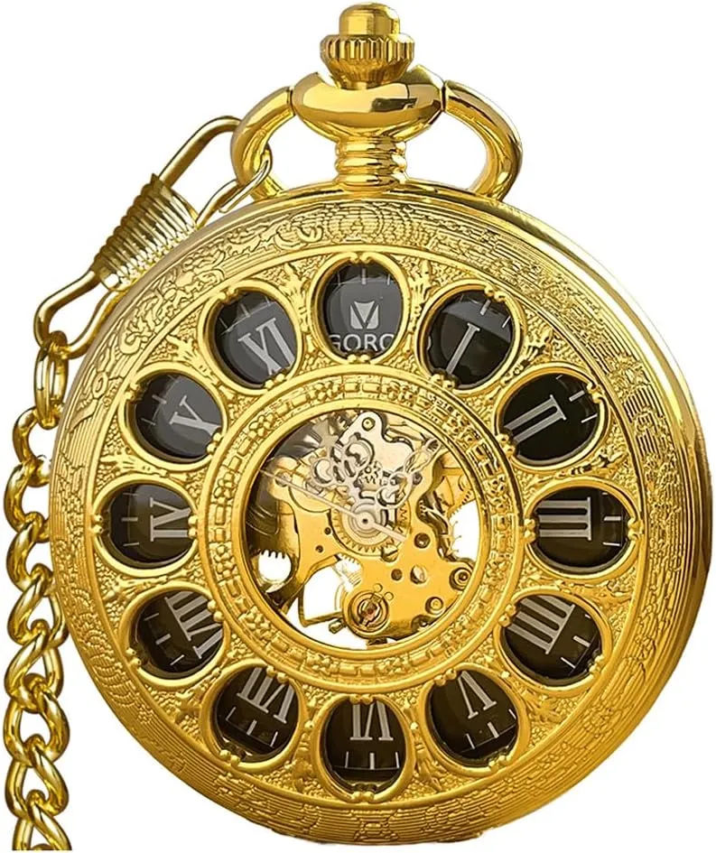 VIGOROSO Vintage Hand Wind Up Pocket Watches for Men, Mechanical Pocket Watch with Chain, Mens Skeleton Pocketwatch