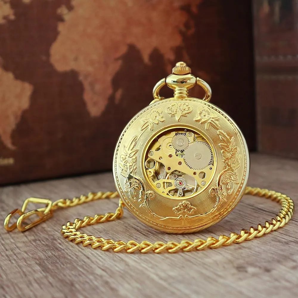 VIGOROSO Vintage Hand Wind Up Pocket Watches for Men, Mechanical Pocket Watch with Chain, Mens Skeleton Pocketwatch