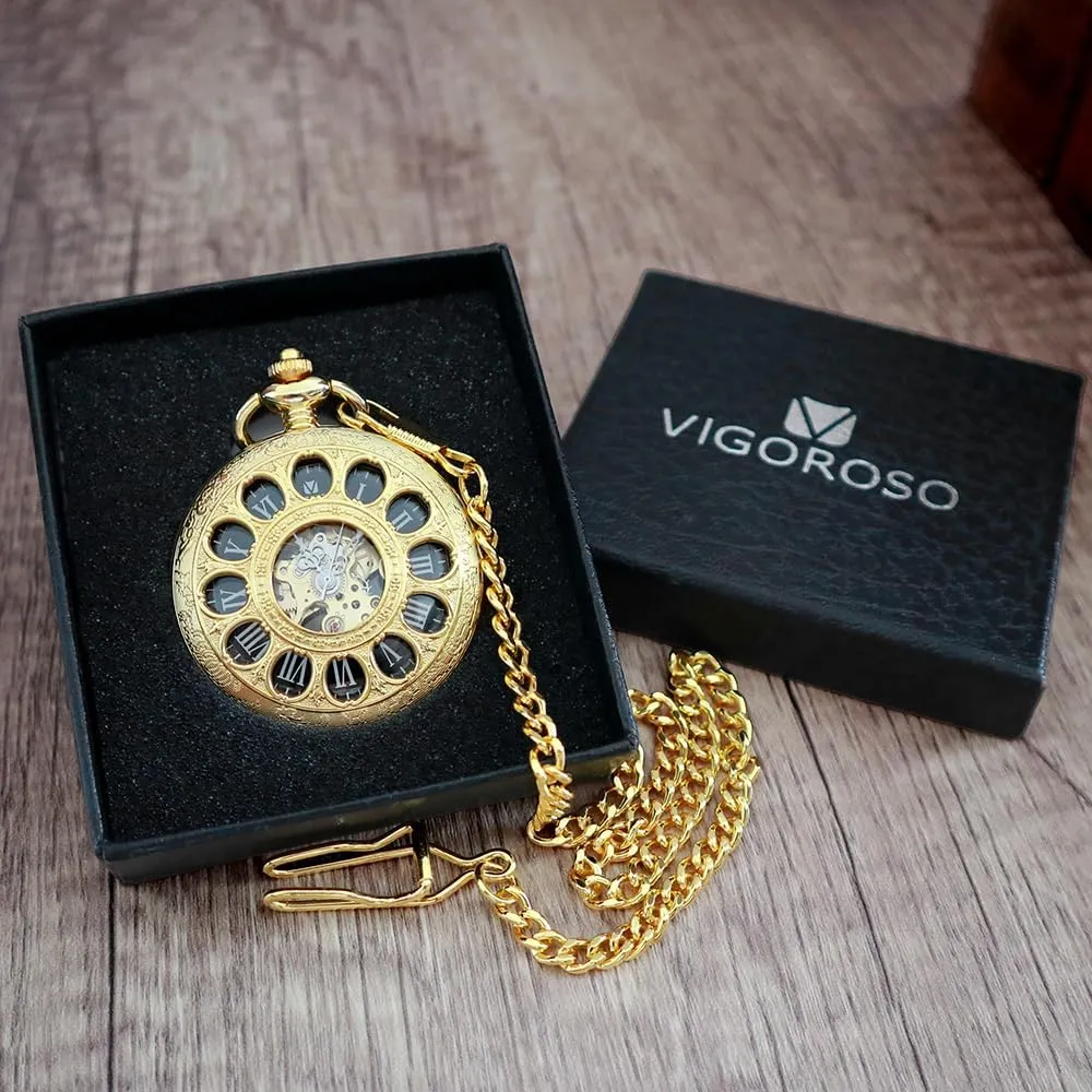 VIGOROSO Vintage Hand Wind Up Pocket Watches for Men, Mechanical Pocket Watch with Chain, Mens Skeleton Pocketwatch