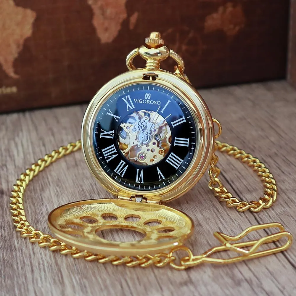 VIGOROSO Vintage Hand Wind Up Pocket Watches for Men, Mechanical Pocket Watch with Chain, Mens Skeleton Pocketwatch