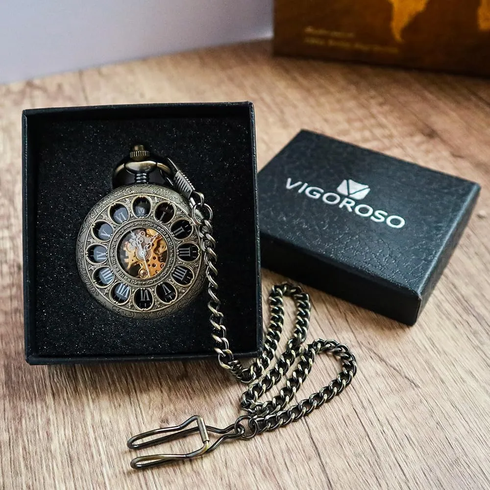 VIGOROSO Vintage Hand Wind Up Pocket Watches for Men, Mechanical Pocket Watch with Chain, Mens Skeleton Pocketwatch