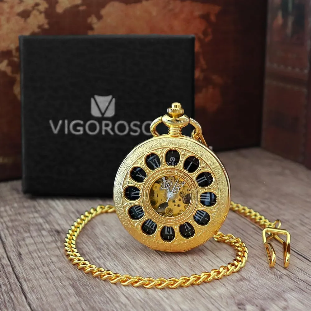 VIGOROSO Vintage Hand Wind Up Pocket Watches for Men, Mechanical Pocket Watch with Chain, Mens Skeleton Pocketwatch