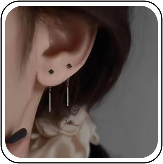 Vintage Black Tassel Chain Threader Earrings Black Bar Tassel Dangle Earrings Black Threader Chain Earrings Tiny Square Stud Earrings Bar Pull Through Earrings for Women