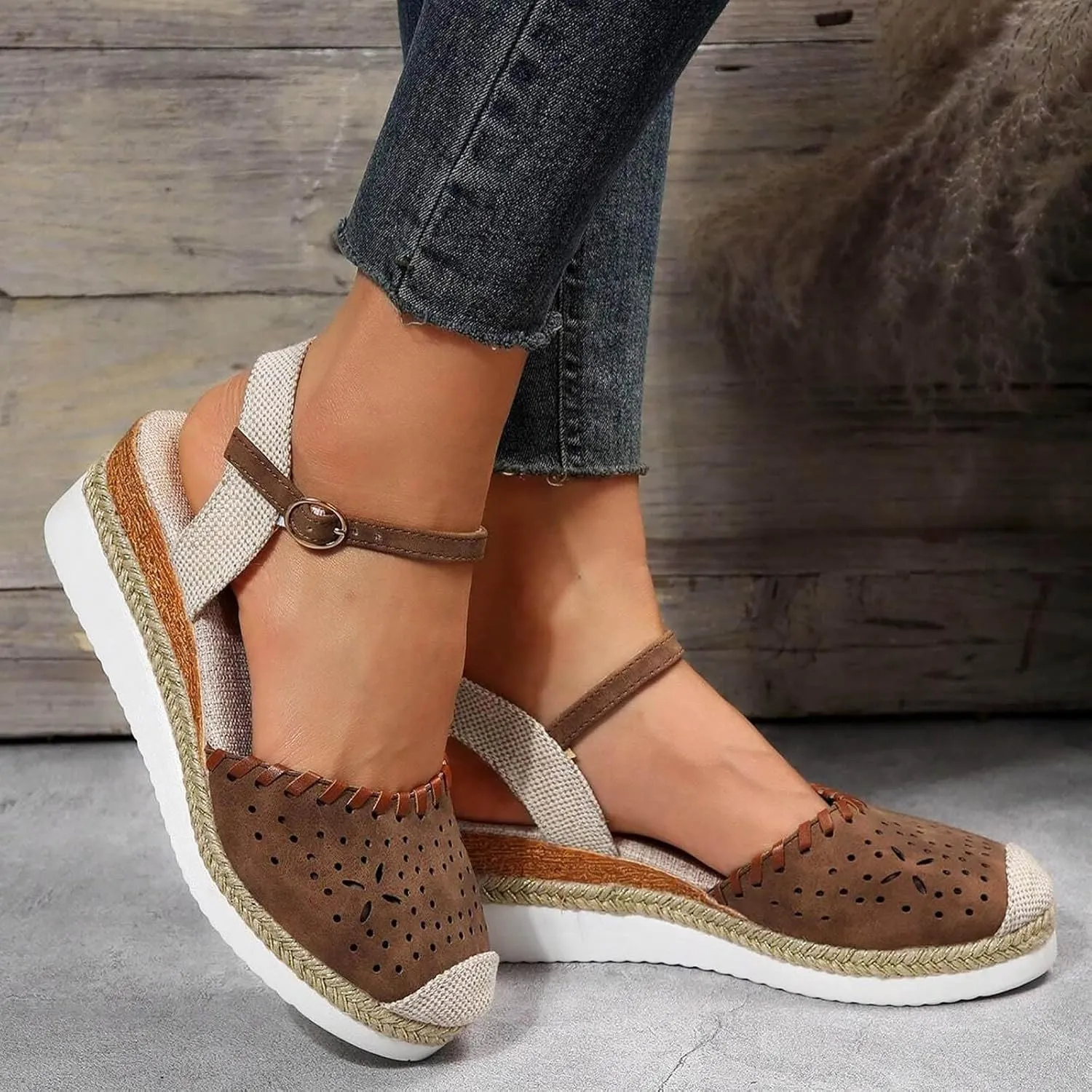 Wedge Sandals for Women Summer Arch Support Orthopedic Sandals, Hollow Open Toe Breathable Sandal Comfortable Ankle Strap Platform Sandal Slip on Outdoor Shoes