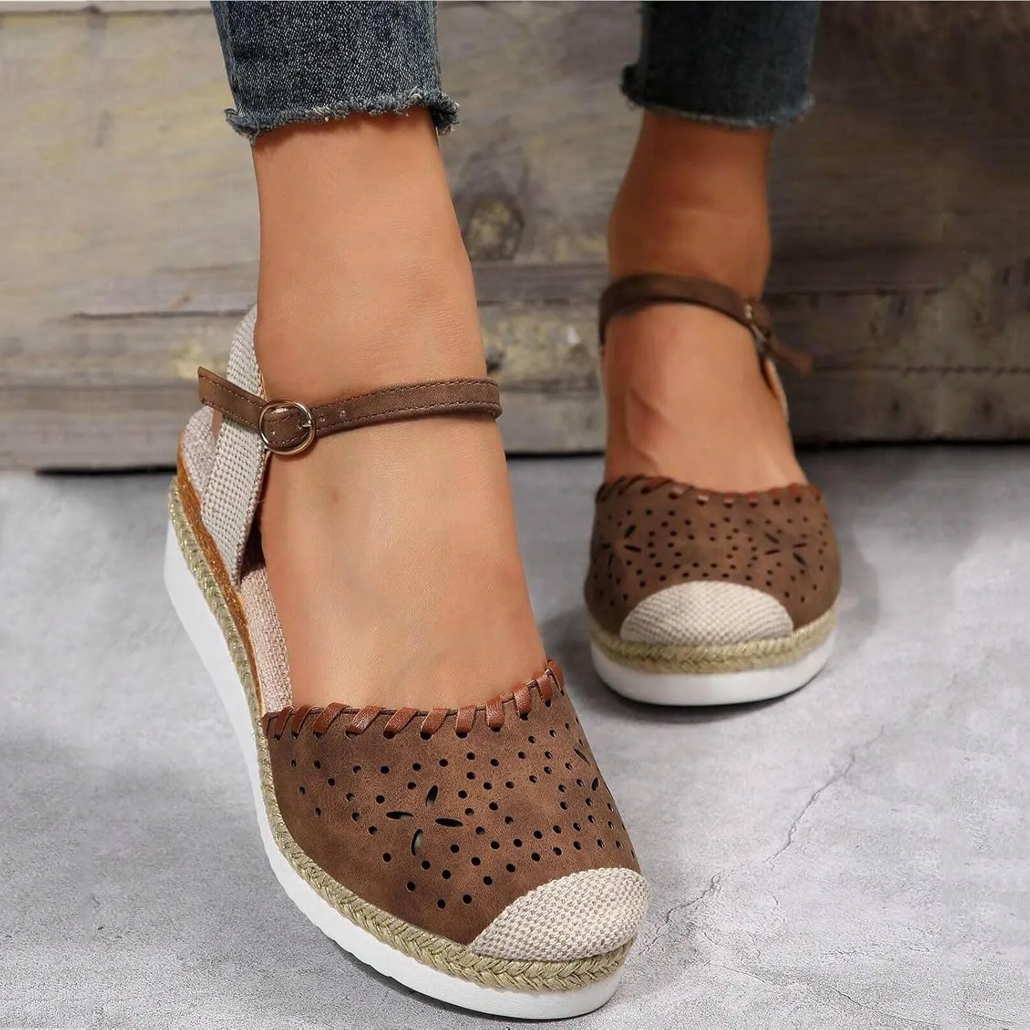 Wedge Sandals for Women Summer Arch Support Orthopedic Sandals, Hollow Open Toe Breathable Sandal Comfortable Ankle Strap Platform Sandal Slip on Outdoor Shoes