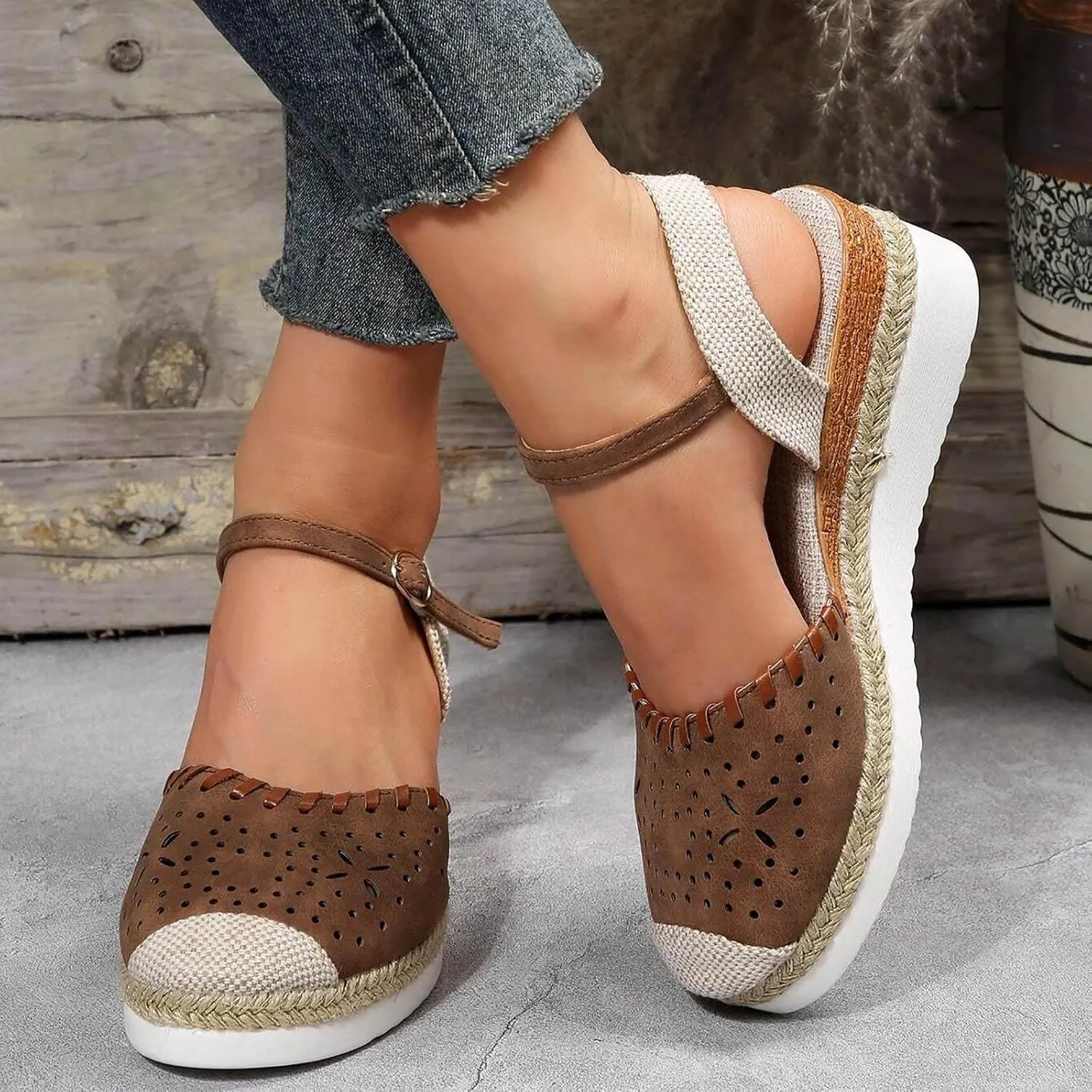 Wedge Sandals for Women Summer Arch Support Orthopedic Sandals, Hollow Open Toe Breathable Sandal Comfortable Ankle Strap Platform Sandal Slip on Outdoor Shoes