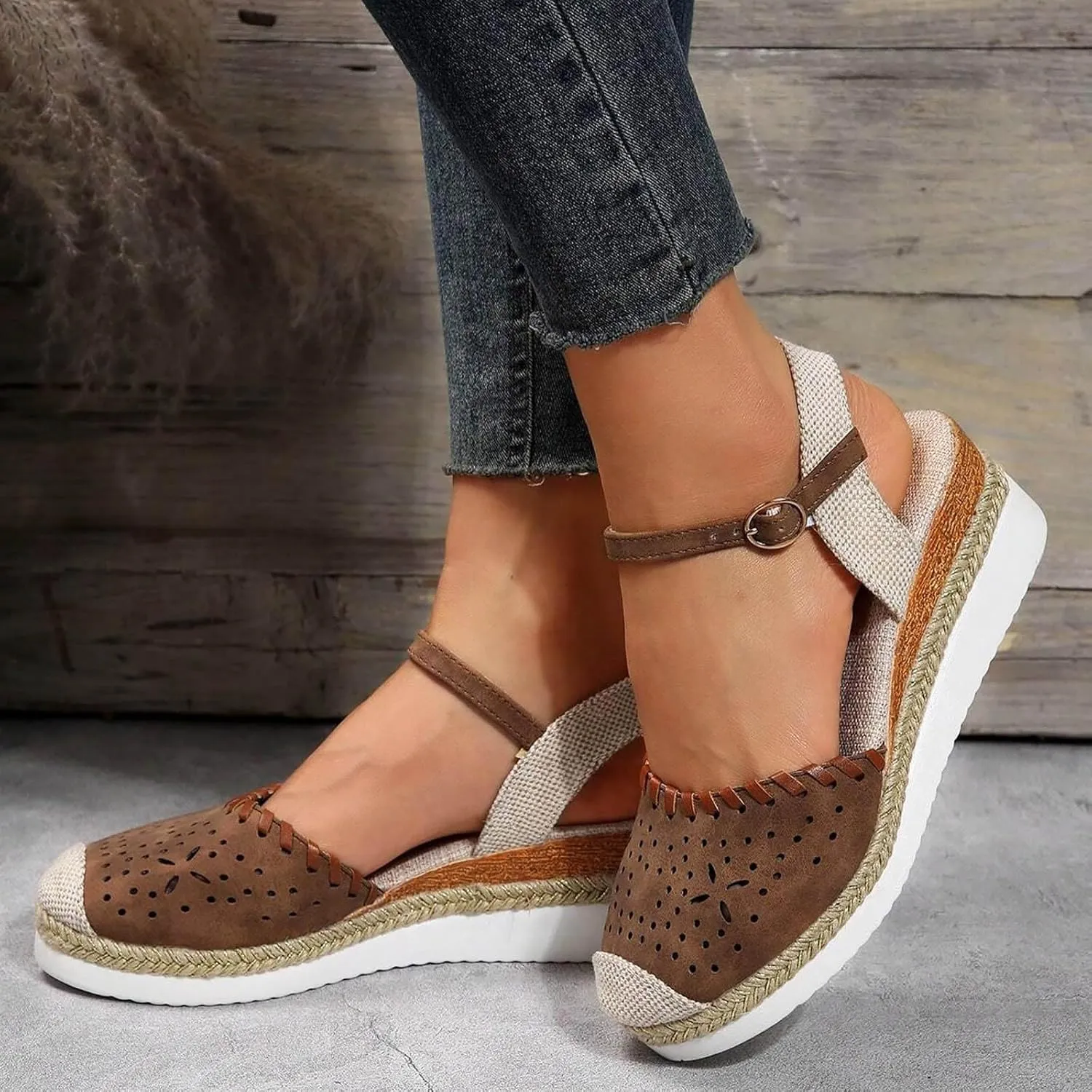 Wedge Sandals for Women Summer Arch Support Orthopedic Sandals, Hollow Open Toe Breathable Sandal Comfortable Ankle Strap Platform Sandal Slip on Outdoor Shoes