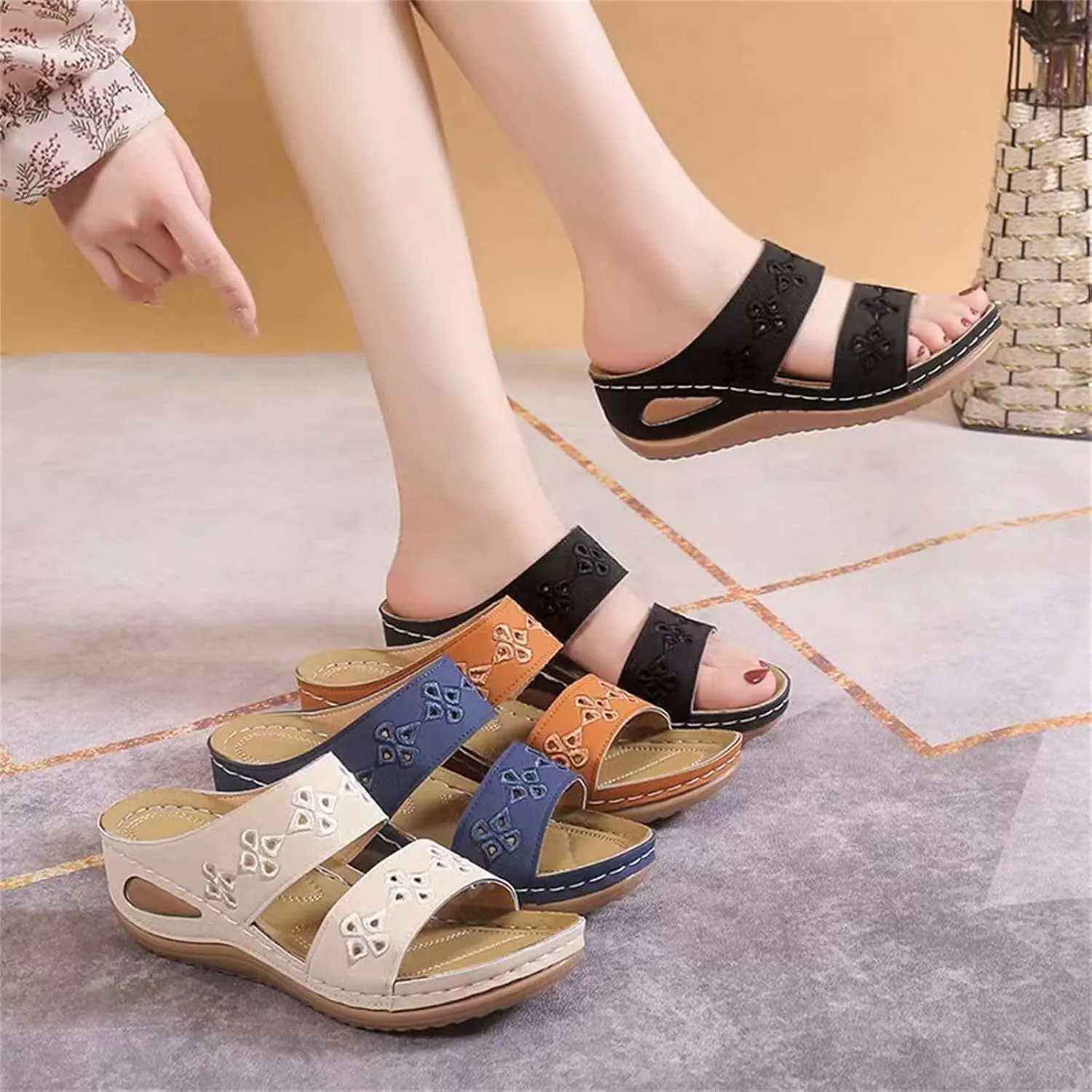Wedge Sandals for Women Summer, Dressy Low Heel Embroidered Platform Sandals Arch Support Comfortable Walking Casual Slip On Slide Shoes