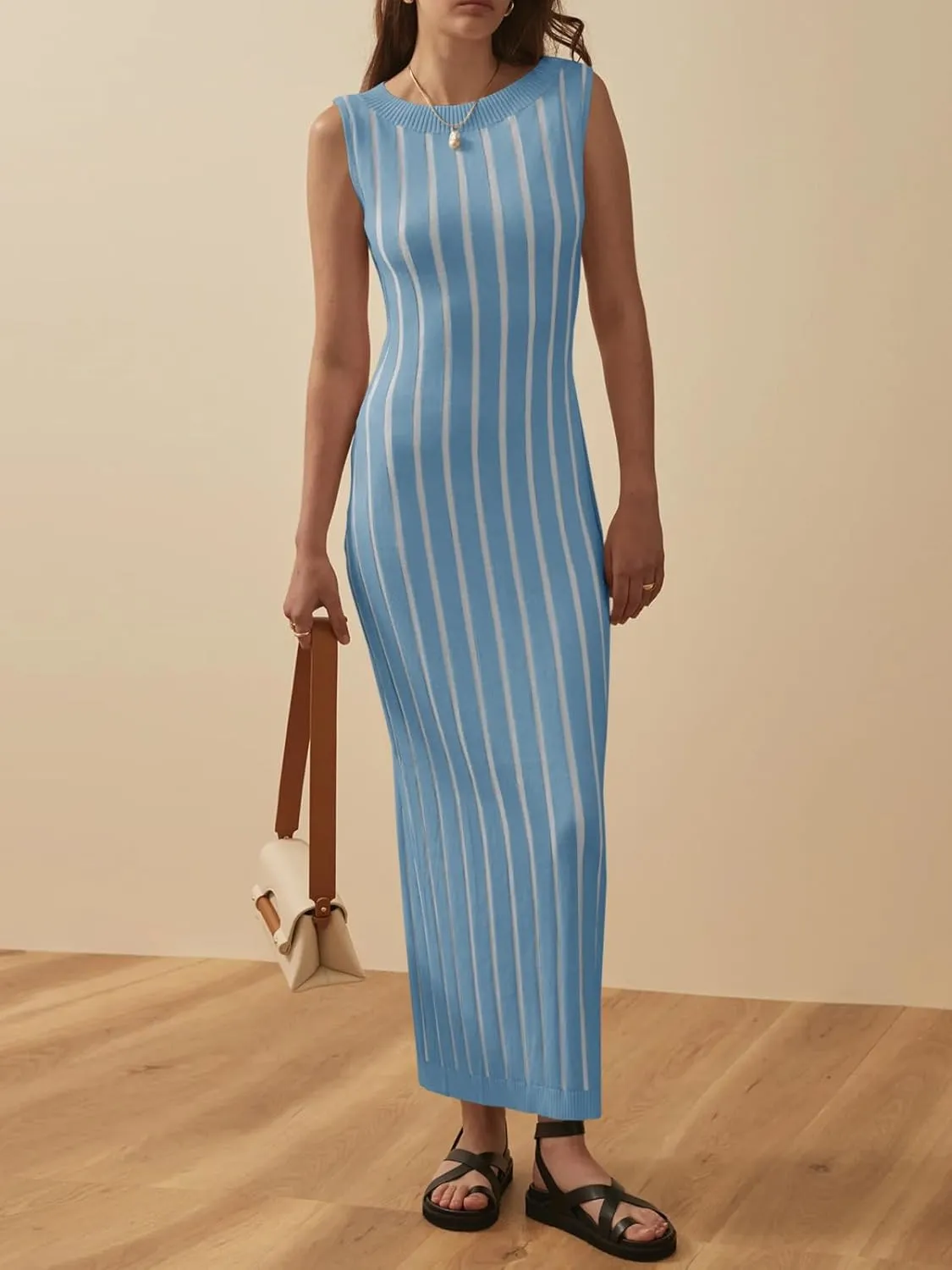 Wenrine Womens Sleeveless Sweater Dress Mock Neck Ribbed Knit Fall Tank Maxi Dresses