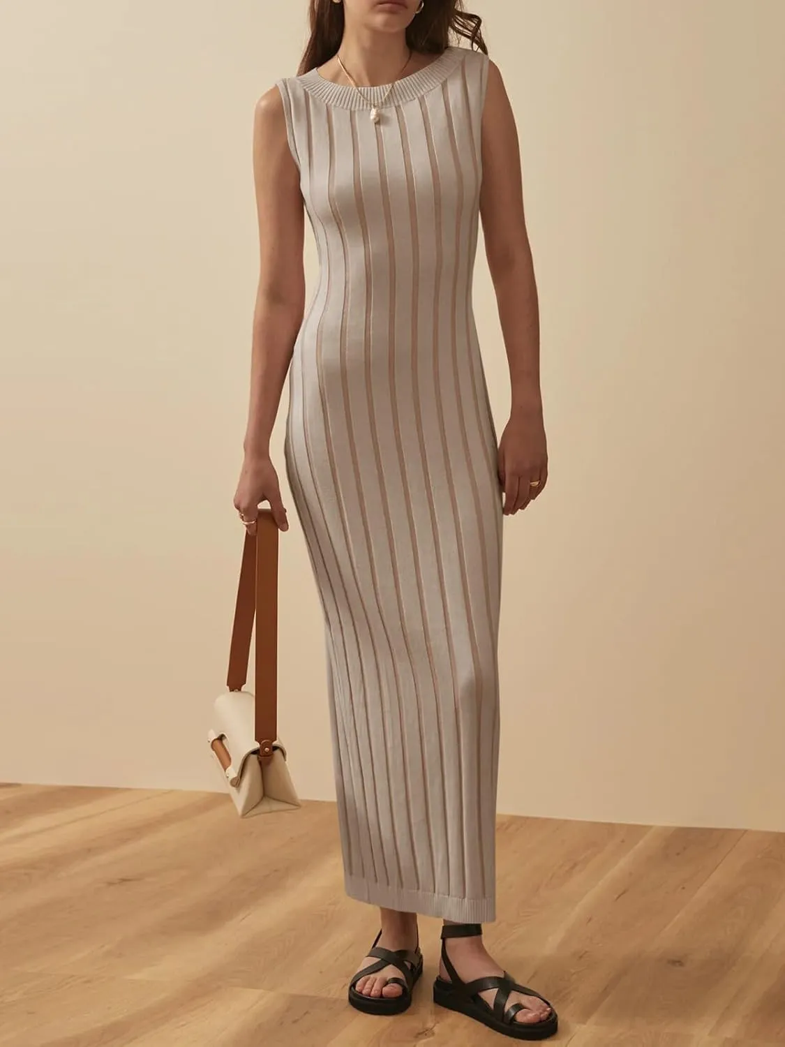 Wenrine Womens Sleeveless Sweater Dress Mock Neck Ribbed Knit Fall Tank Maxi Dresses