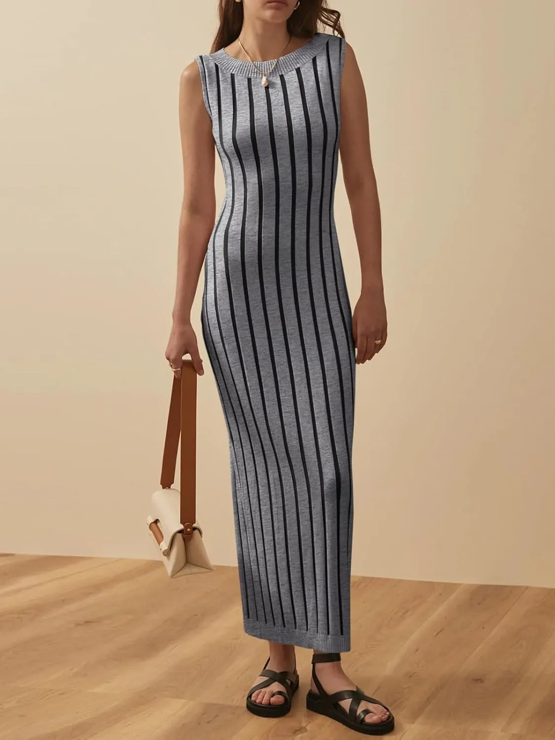 Wenrine Womens Sleeveless Sweater Dress Mock Neck Ribbed Knit Fall Tank Maxi Dresses