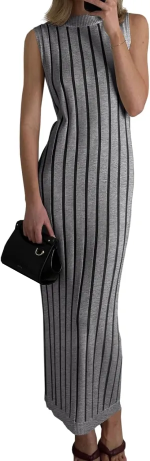 Wenrine Womens Sleeveless Sweater Dress Mock Neck Ribbed Knit Fall Tank Maxi Dresses