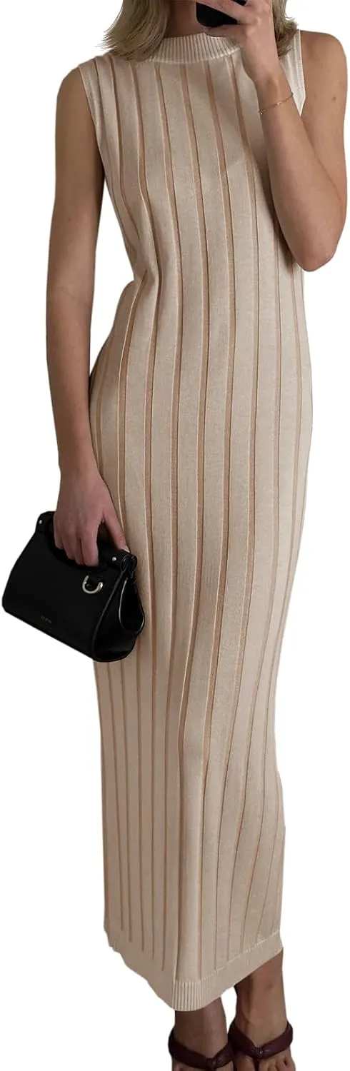 Wenrine Womens Sleeveless Sweater Dress Mock Neck Ribbed Knit Fall Tank Maxi Dresses