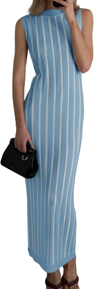Wenrine Womens Sleeveless Sweater Dress Mock Neck Ribbed Knit Fall Tank Maxi Dresses