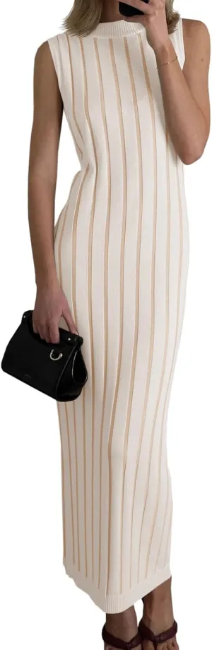 Wenrine Womens Sleeveless Sweater Dress Mock Neck Ribbed Knit Fall Tank Maxi Dresses