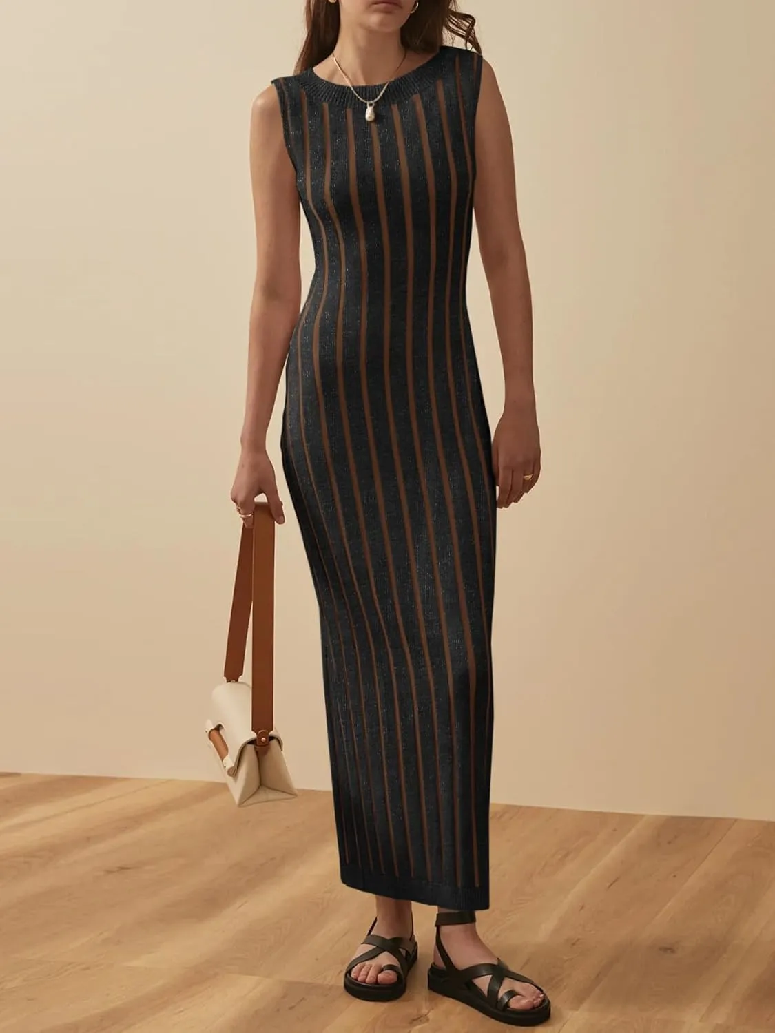Wenrine Womens Sleeveless Sweater Dress Mock Neck Ribbed Knit Fall Tank Maxi Dresses