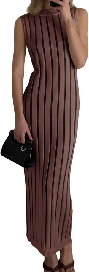 Wenrine Womens Sleeveless Sweater Dress Mock Neck Ribbed Knit Fall Tank Maxi Dresses