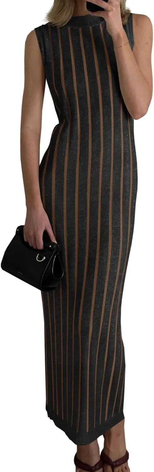 Wenrine Womens Sleeveless Sweater Dress Mock Neck Ribbed Knit Fall Tank Maxi Dresses