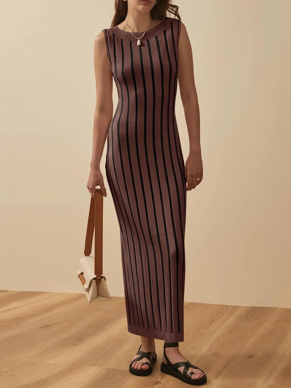 Wenrine Womens Sleeveless Sweater Dress Mock Neck Ribbed Knit Fall Tank Maxi Dresses