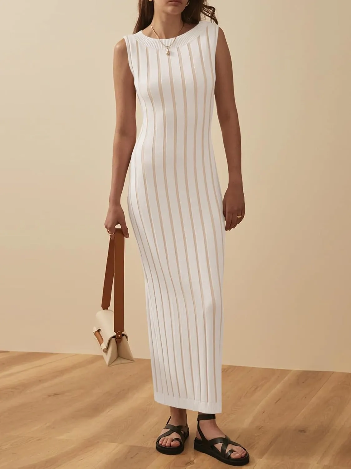 Wenrine Womens Sleeveless Sweater Dress Mock Neck Ribbed Knit Fall Tank Maxi Dresses
