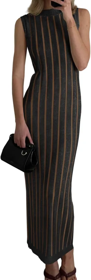 Wenrine Womens Sleeveless Sweater Dress Mock Neck Ribbed Knit Fall Tank Maxi Dresses
