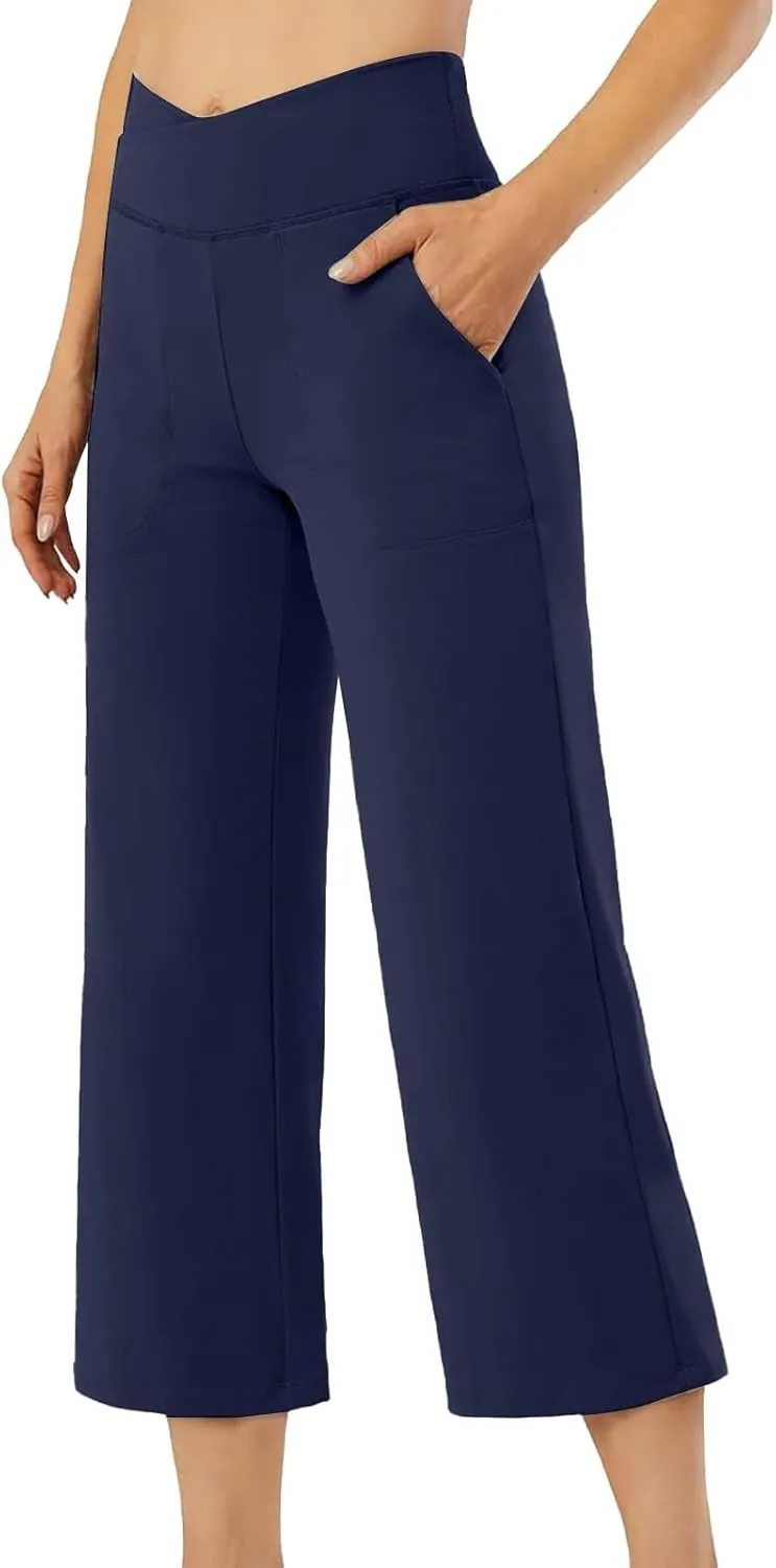 Wide Leg Capri Pants for Women Stretch High Waist Yoga Dress Capris Summer Loose Crossover Work Pants with Pockets