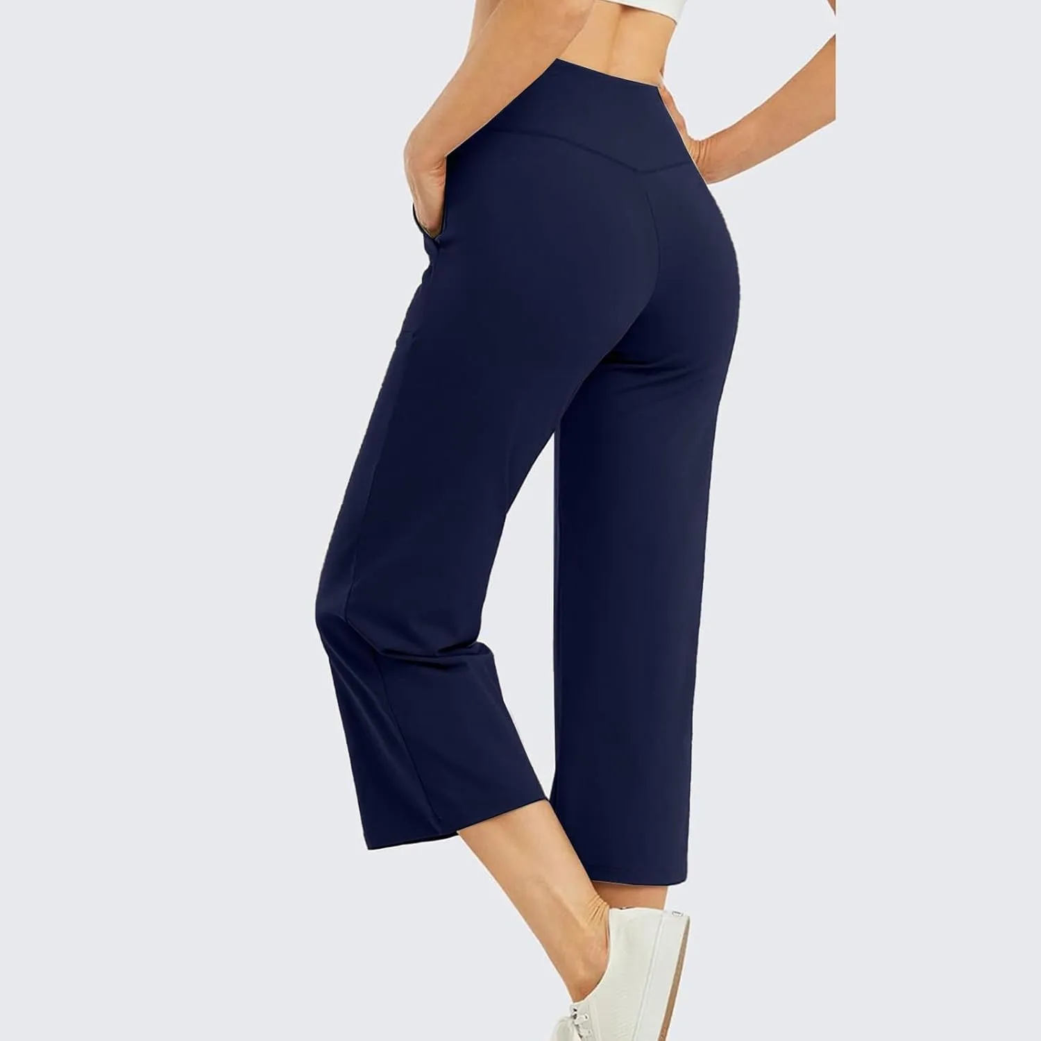 Wide Leg Capri Pants for Women Stretch High Waist Yoga Dress Capris Summer Loose Crossover Work Pants with Pockets