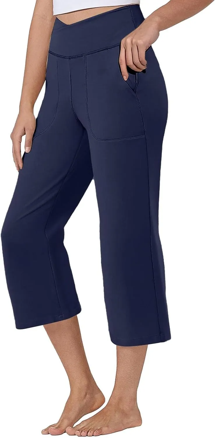 Wide Leg Capri Pants for Women Stretch High Waist Yoga Dress Capris Summer Loose Crossover Work Pants with Pockets