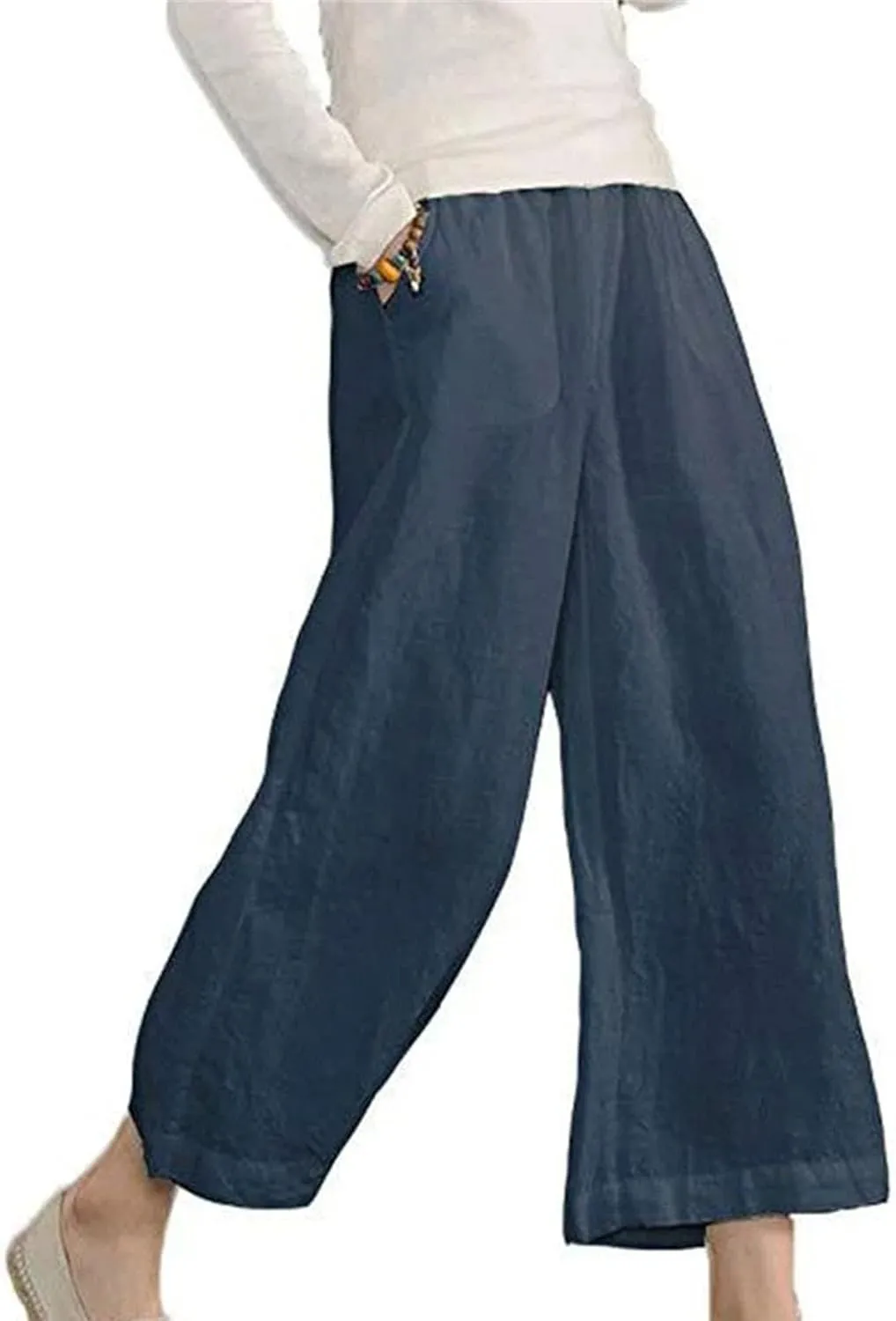 Wide Leg Cropped Pants for Women Casual Pants for Women Summer Womens Cotton Cropped Pant Loose Elastic Waist Trousers