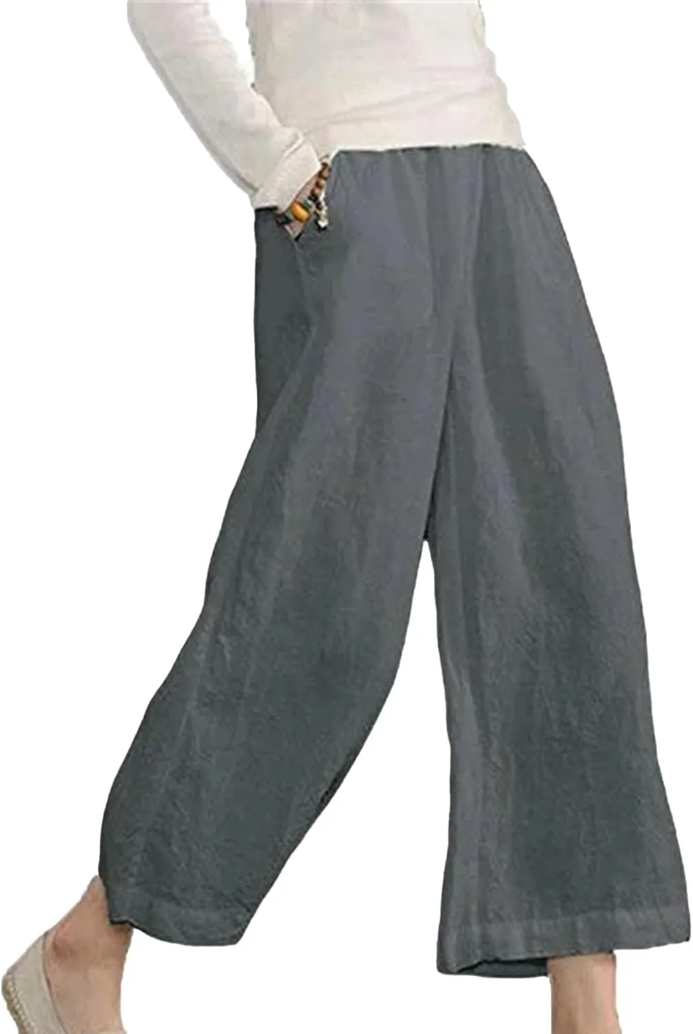 Wide Leg Cropped Pants for Women Casual Pants for Women Summer Womens Cotton Cropped Pant Loose Elastic Waist Trousers