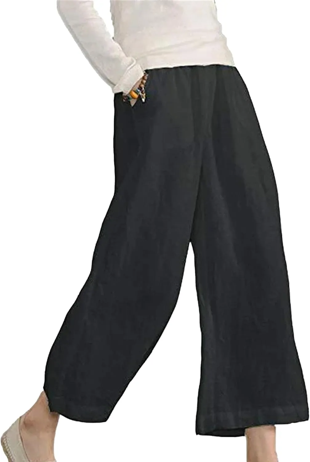 Wide Leg Cropped Pants for Women Casual Pants for Women Summer Womens Cotton Cropped Pant Loose Elastic Waist Trousers