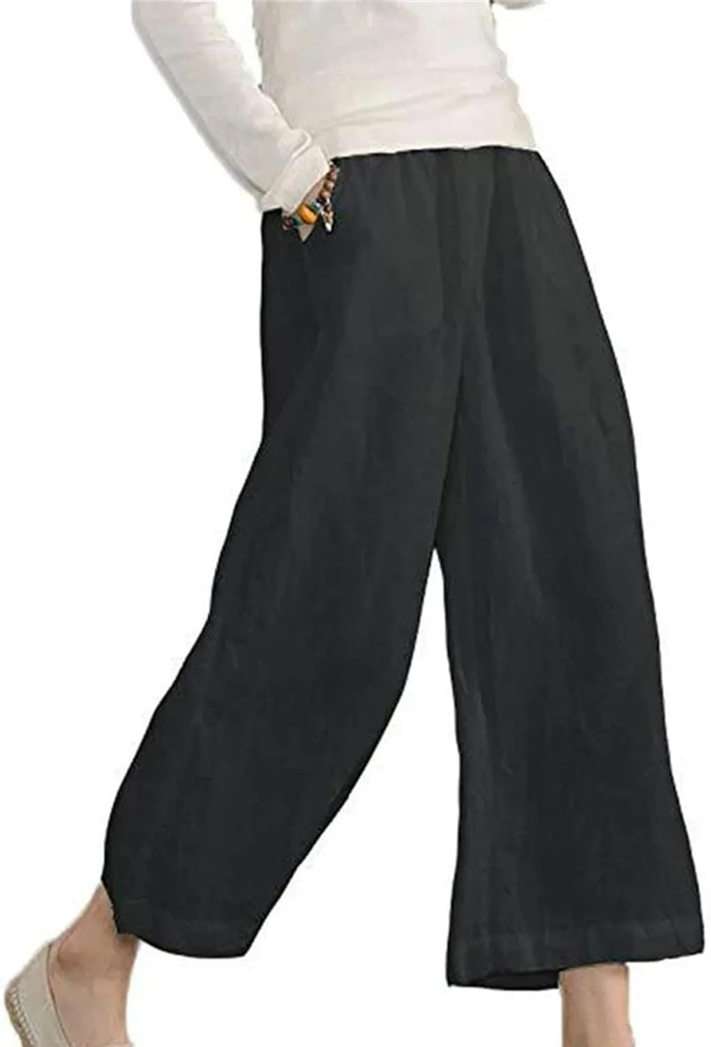 Wide Leg Cropped Pants for Women Casual Pants for Women Summer Womens Cotton Cropped Pant Loose Elastic Waist Trousers