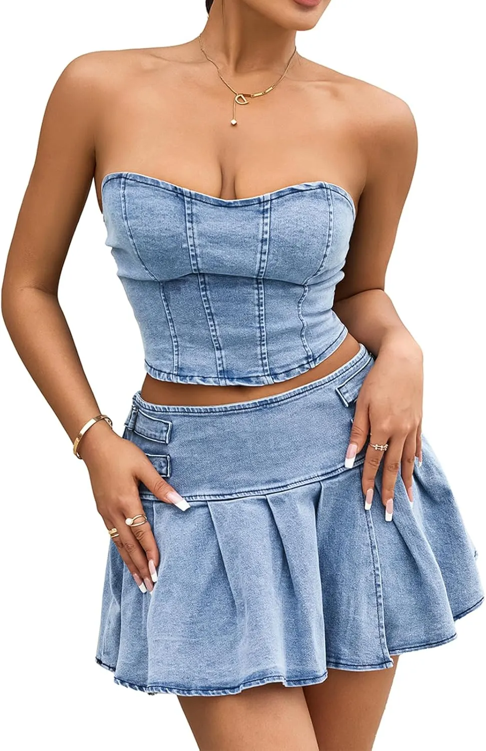 Women 2Pcs Jeans Outfit Sleeveless Off Shoulder Bandeau Low Waist Pleated Denim Skirt Sets for Summer Clubwear