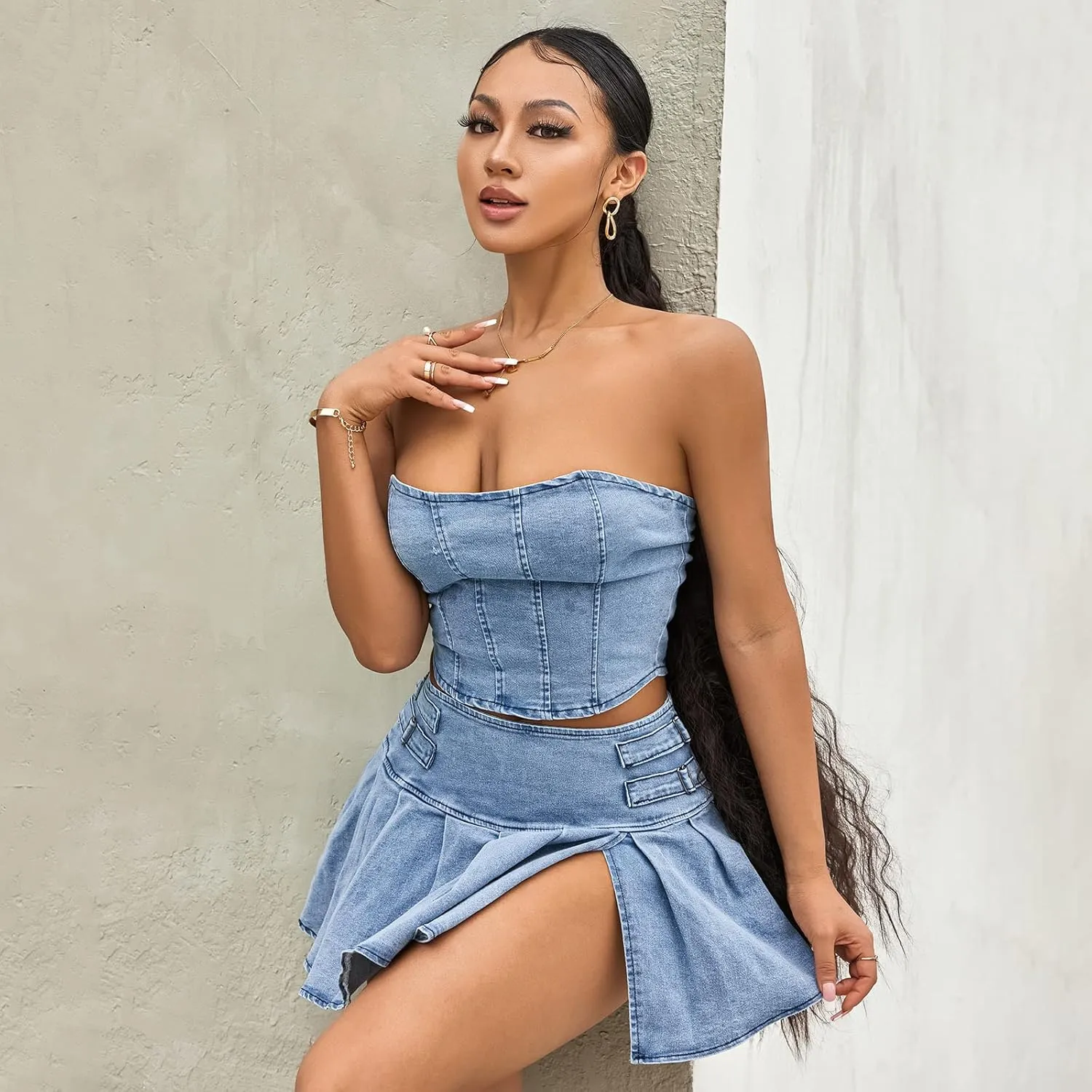 Women 2Pcs Jeans Outfit Sleeveless Off Shoulder Bandeau Low Waist Pleated Denim Skirt Sets for Summer Clubwear