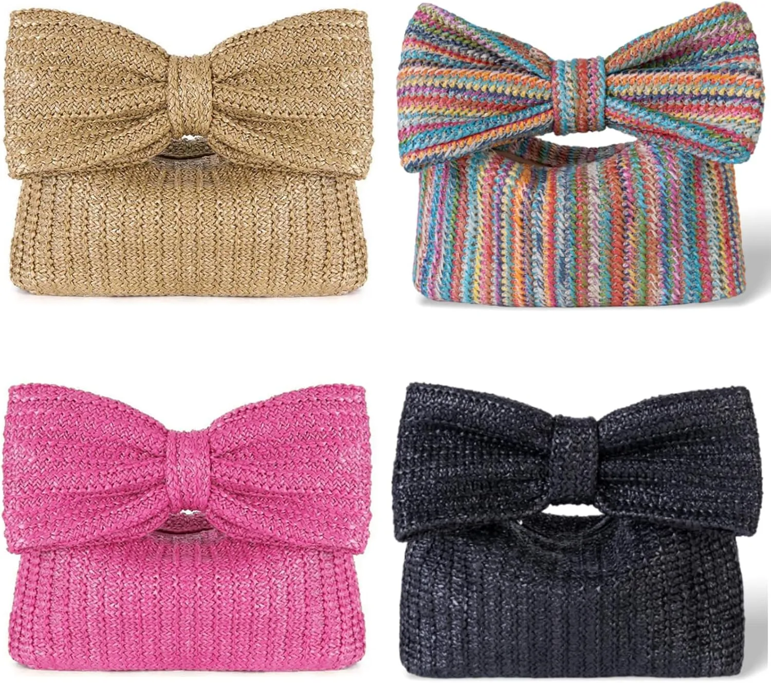 Women Bow Purse Straw Handbag 2024 New Summer Woven Clutch for Vacation Beach Wallet Formal Party Wedding