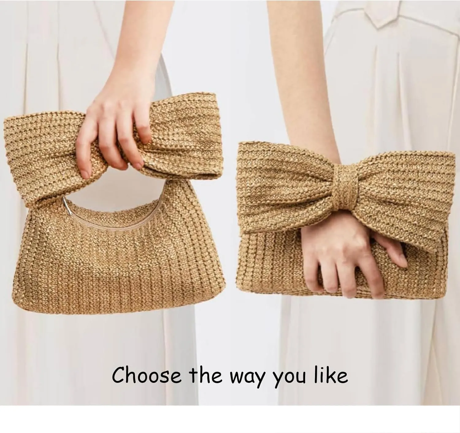 Women Bow Purse Straw Handbag 2024 New Summer Woven Clutch for Vacation Beach Wallet Formal Party Wedding