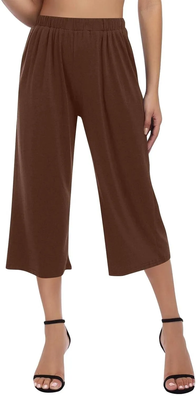 Women Capris for Summer Petite Wide Leg Pants Elastic Waist Lounge Palazzo Capris Beach Crop Trousers with Pockets