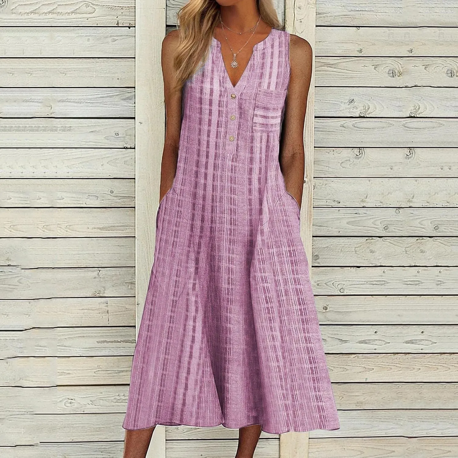 Women Casual Dress Summer Stripe Button V Neck Sleeveless with Pocket Long Dresses Holiday Beach Party Midi Dress